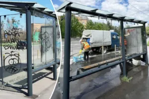 У Полтаві стартувало весняне миття зупинок громадського транспорту: в пріоритеті — ті, що постраждали від вандалізму
